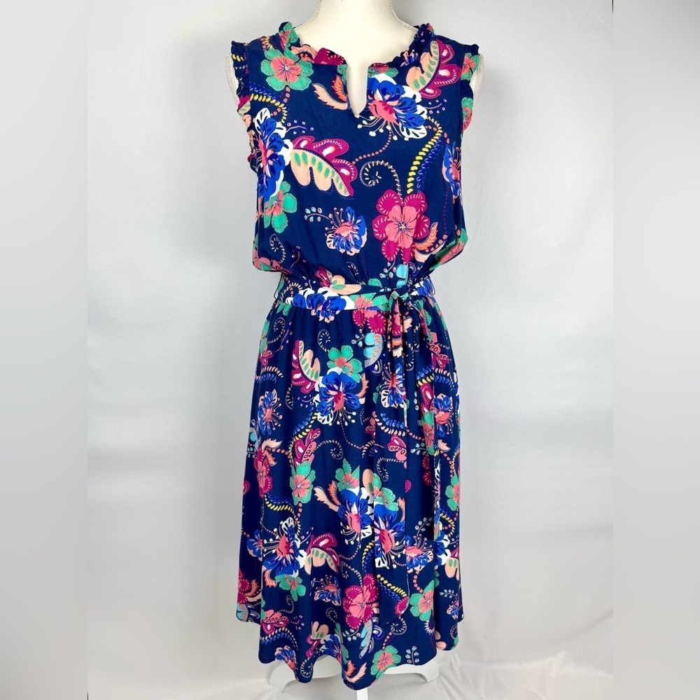 Talbots Sleeveless Dress Ruffle Neck Pockets Belted Navy Blue Floral Size 6